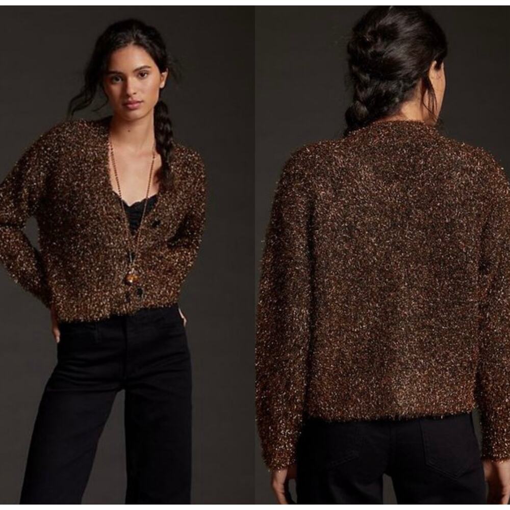 Anthropologie Festive Bronze Tinsel Shimmer Cardigan Size Small NWOT